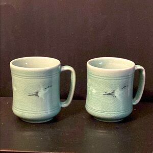 (2) Vintage Korean Celadon Mugs Green Crackle Glaze Flying Cranes
